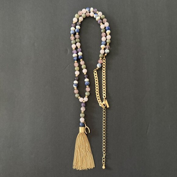 White House Black Market Semi Precious Beaded Tassel Necklace Gold Wishbone Luck - Picture 3 of 15